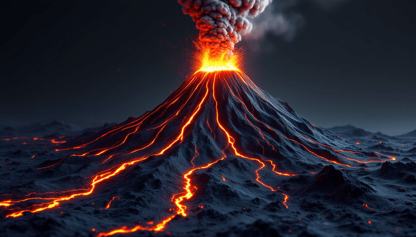 AI generated: A dynamic 3D visualization depicts an erupting volcano, featuring brilliant red-orange lava erupting...