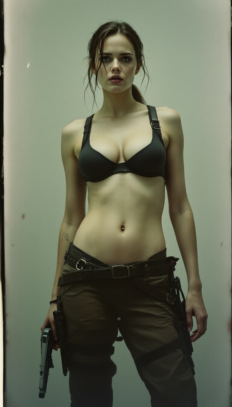 AI generated: Hayley Atwell, Tomb Raider 2013, body shape ,shot on a Polaroid camera 