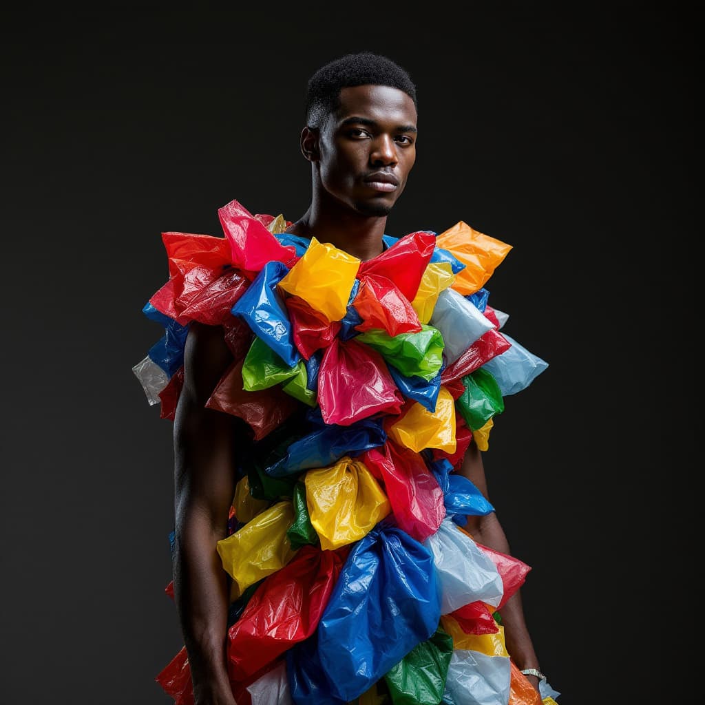 AI generated: Breaking fashion barriers with boldness and inclusivity. This black male model dazzles in a unique d...