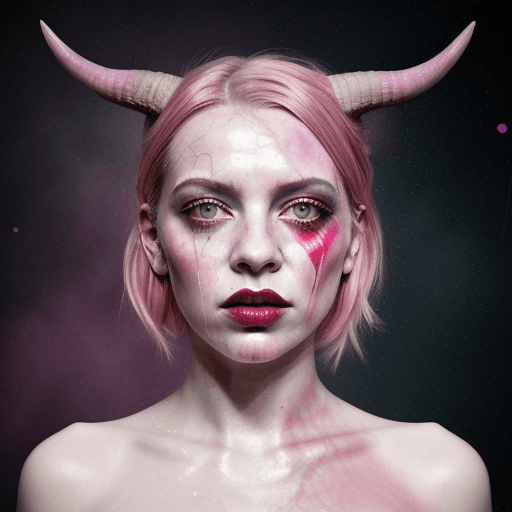 AI generated: ,a glitch art dirty over lay portrait of a demonic horned stunning woman pink lipstick, pink glossy ...