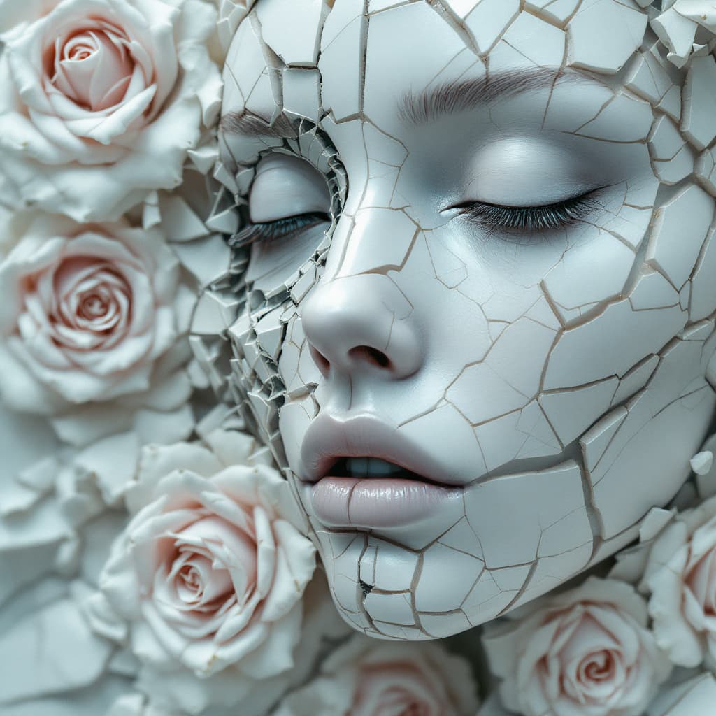 AI generated: Death of a beautiful humanoid female,  close up of a broken android, digital art, cracked porcelain ...