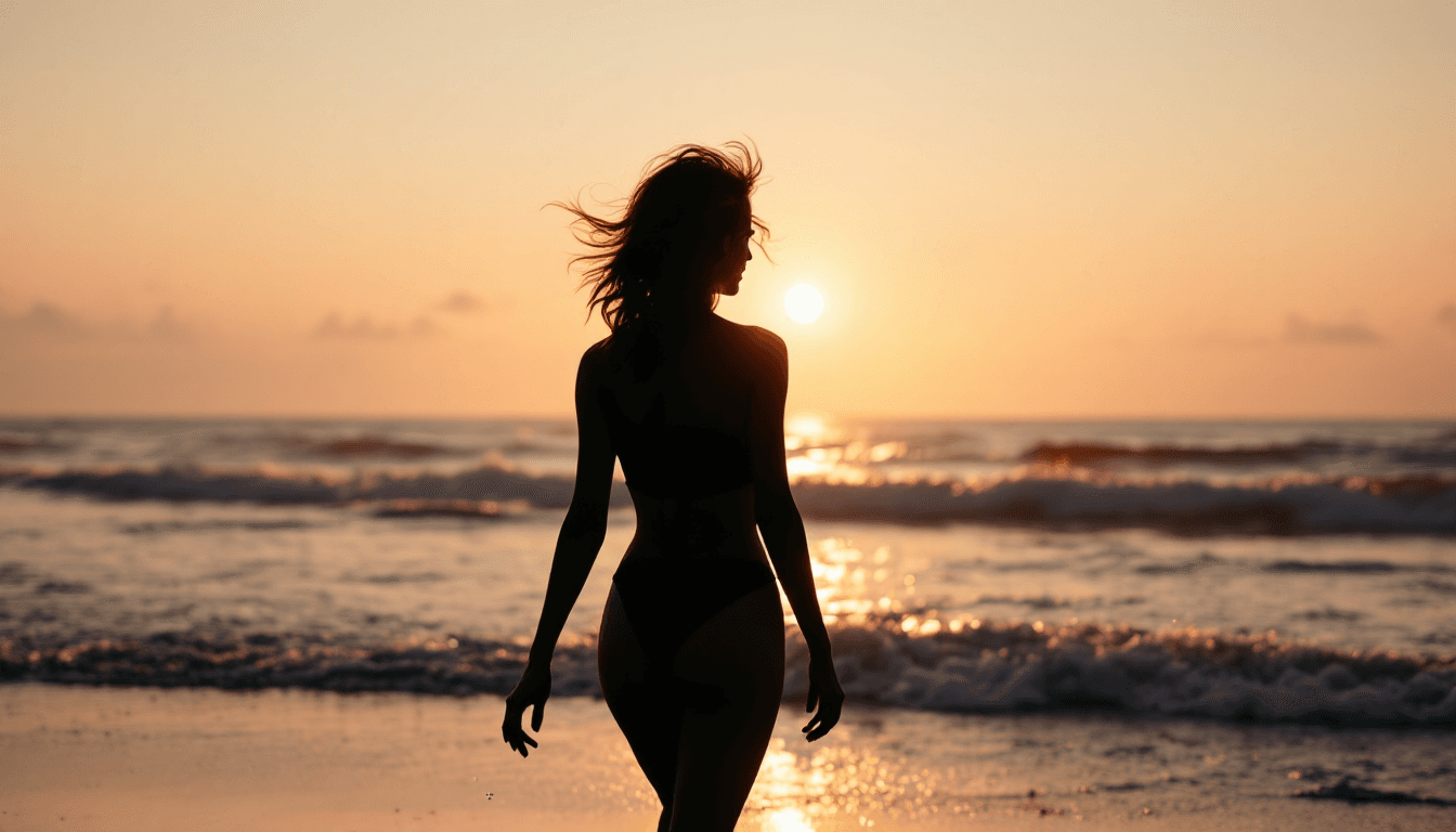 AI generated: Solid black silhouette of a woman with slightly wavy hair, walking at the beach during a summer morn...