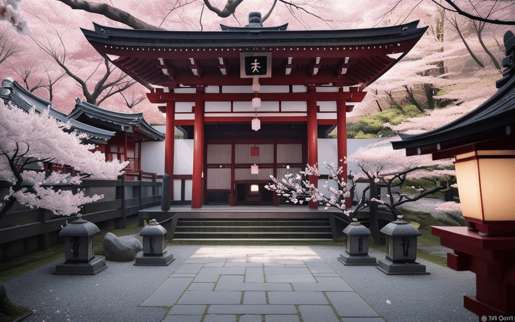 AI generated: montain in a Japanese temple, cherry blossom petals falling, illuminated lanterns, glowing sunrise, ...