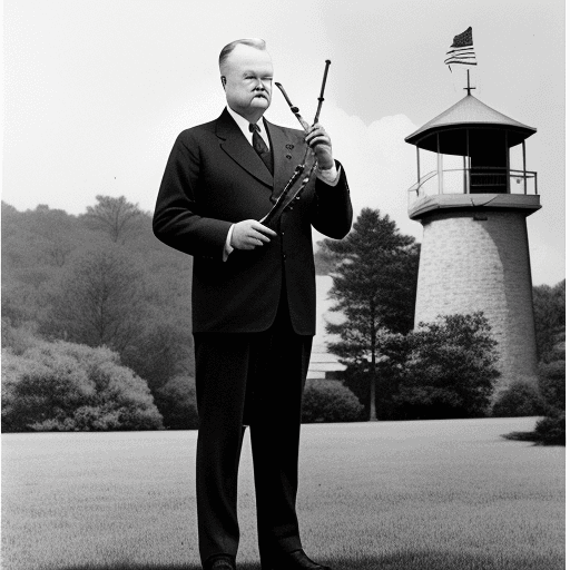 AI generated: President Herbert Hoover, smoking a piper, standing in front of watch tower