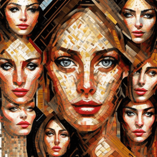 AI generated: a collage of women's faces in mosaic, in the style of andrew atroshenko, peter gric --ar 73:109 --st...
