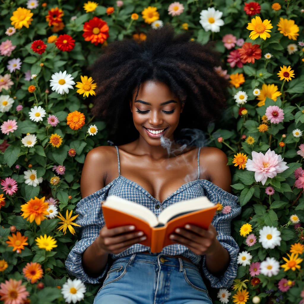 AI generated: Picture of a young dark skin woman in her mid early 20’s laying down in a garden filled with differe...