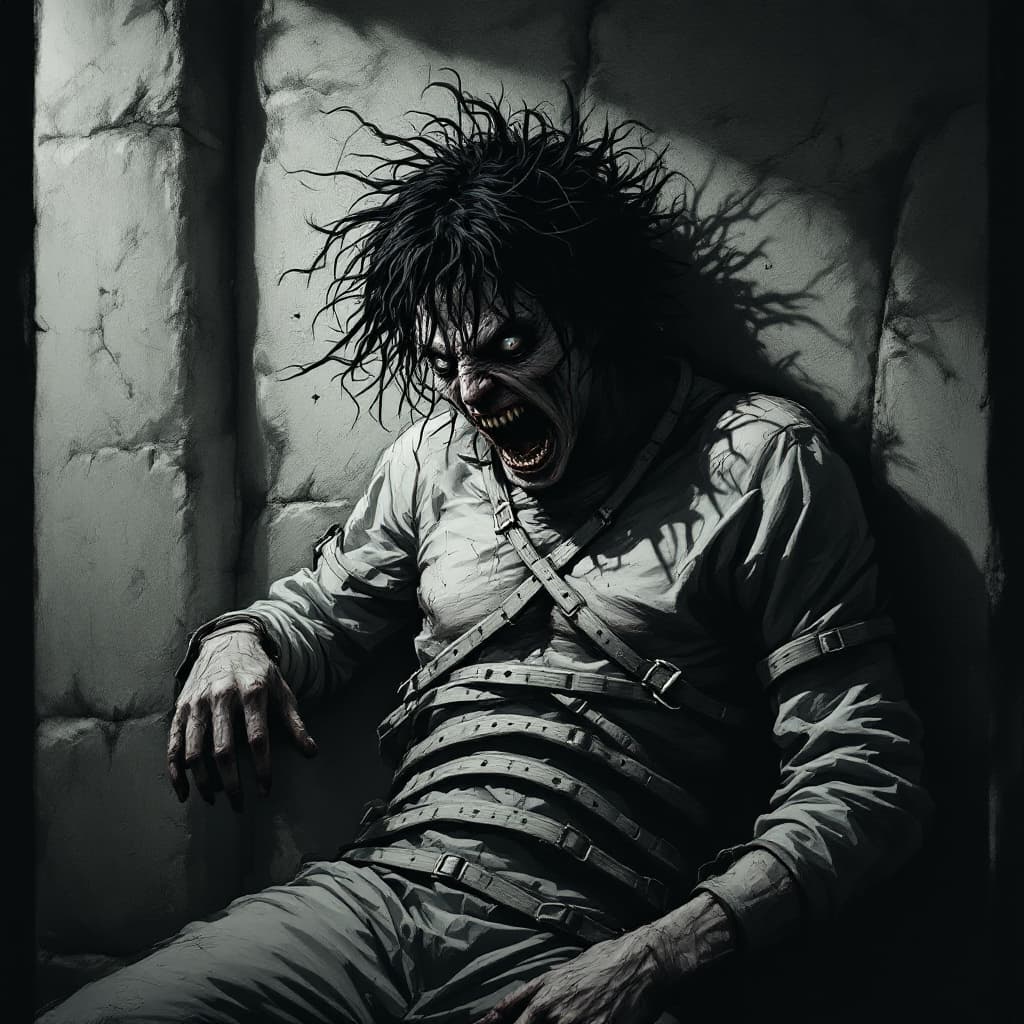 AI generated: **"A dark and eerie scene set inside a psychiatric ward, with a character in a tight-fitting straitj...