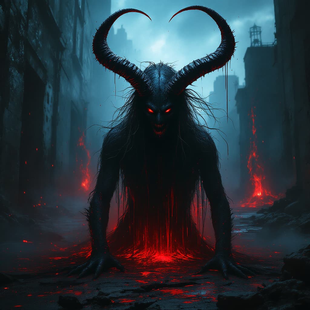 AI generated: torn tattered taunting horror heavy metal, a demon from the underworld behind a dark futuristic cybe...