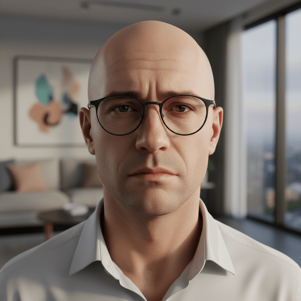 AI generated: hyper-realistic close-up photo, handsome caucasian bald man, clean face, clean shaved face, rounded ...