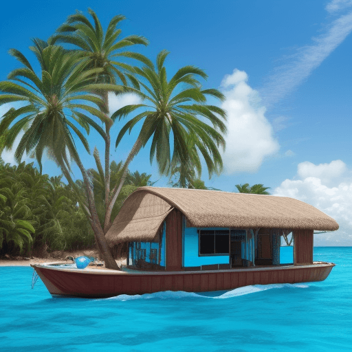 AI generated: barco en agua azul tranparentes con palmeras alrededor y una casa flotante