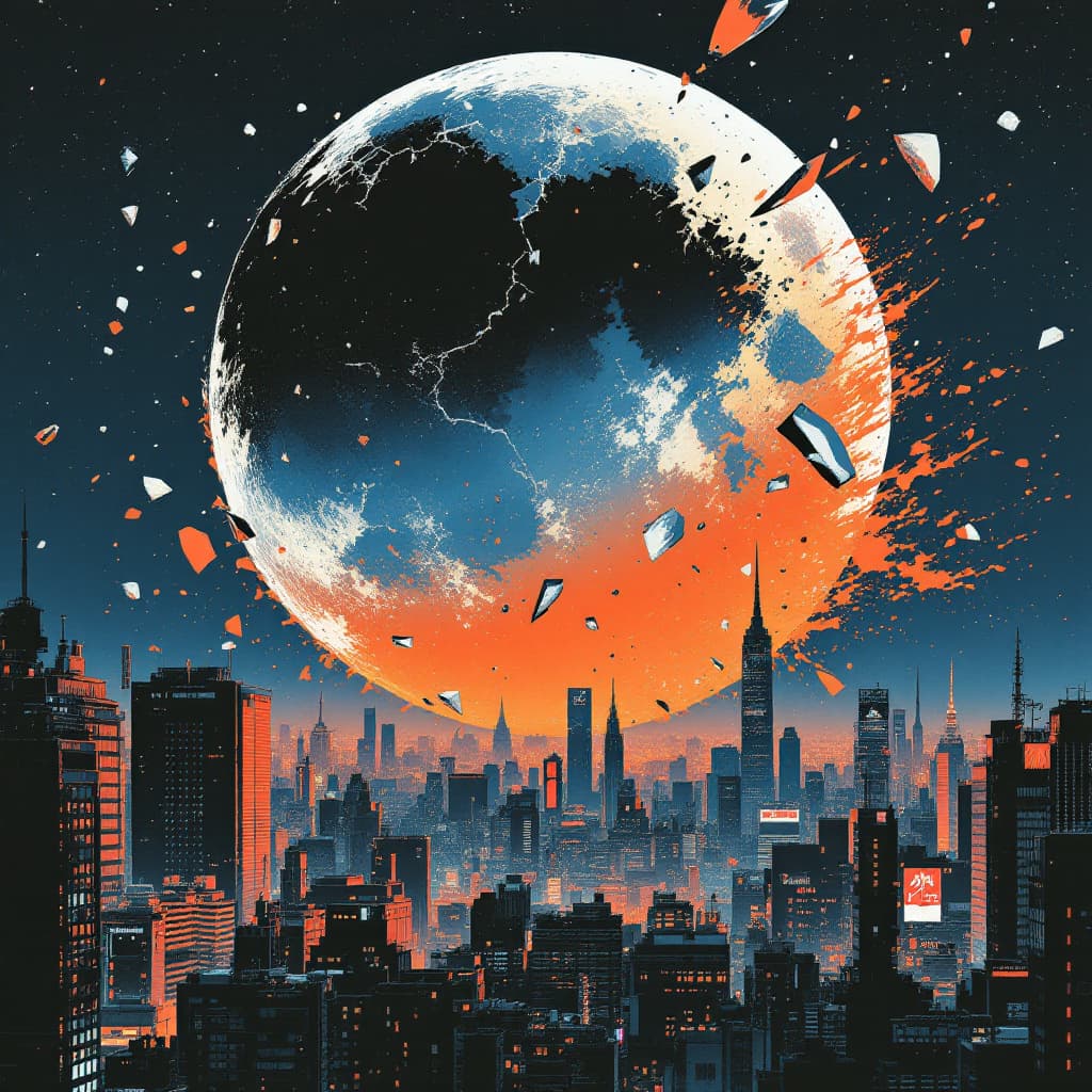 AI generated: sci-fi neo tokyo, in the style of akira, city skyline with the moon shattered and pieces of it spray...