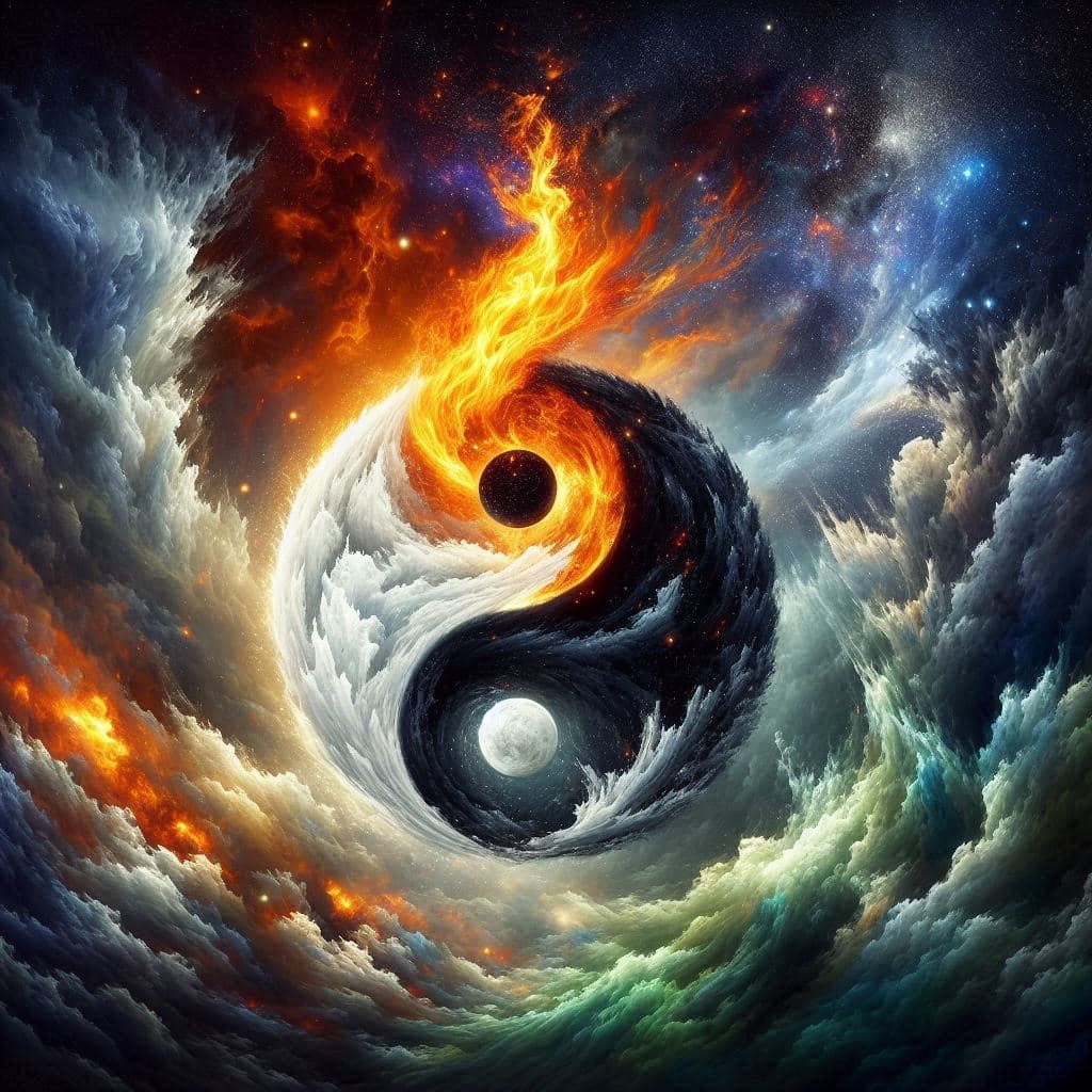 AI generated: Within the depths of a nebulous abyss, the Yin and Yang weave a hypnotic symphony of light and shado...