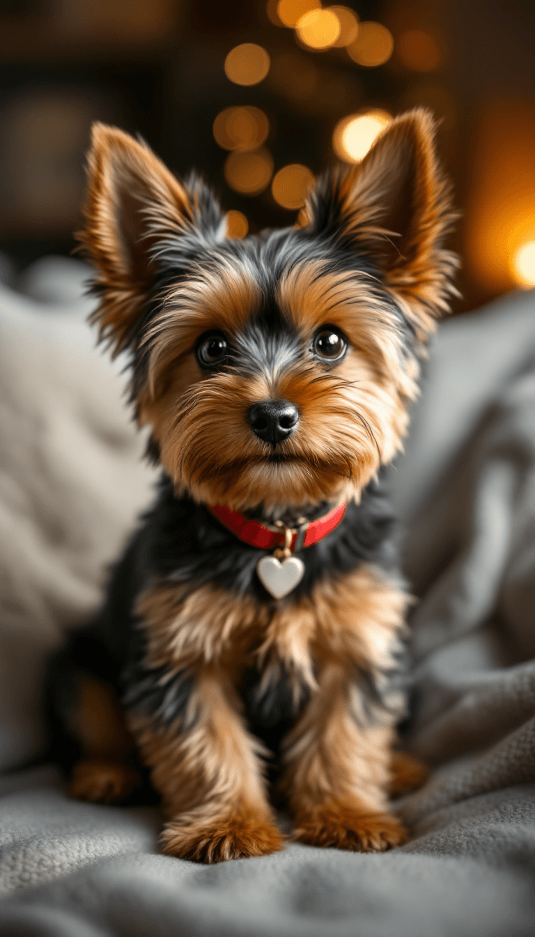 AI generated: A highly detailed and realistic close-up portrait of a small Yorkshire Terrier puppy sitting on a co...