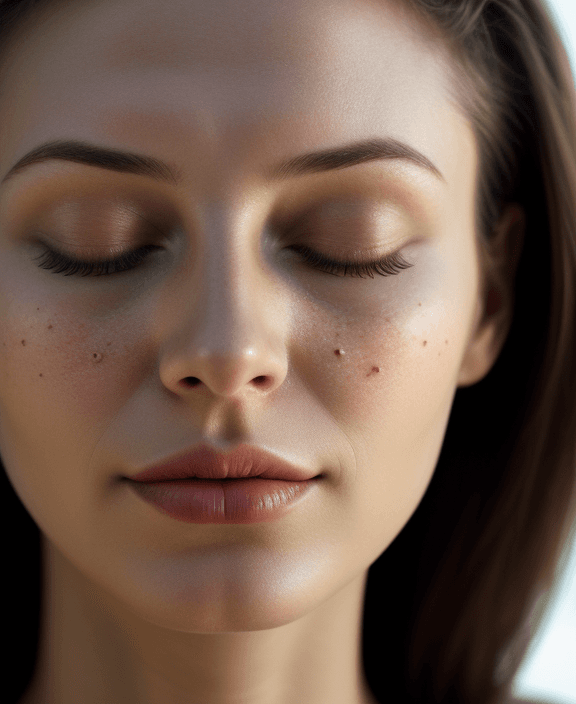AI generated: cinematic medium closeup of a slim european woman, (hyper detailed skin), closed eyes,