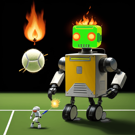AI generated: A friendly man and a friendly robot playing a tennis game. The tennis ball is burning. A small flame...
