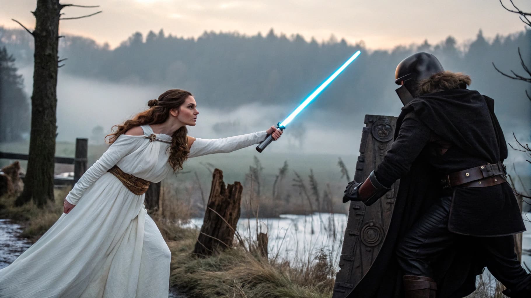 AI generated: A fantasy battle scene with seven characters, including a woman with long brown hair and a white dre...