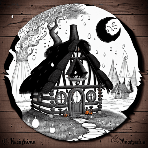 AI generated: Design a whimsical black and white Halloween coloring page of a witch's cabin in the woods. The cott...