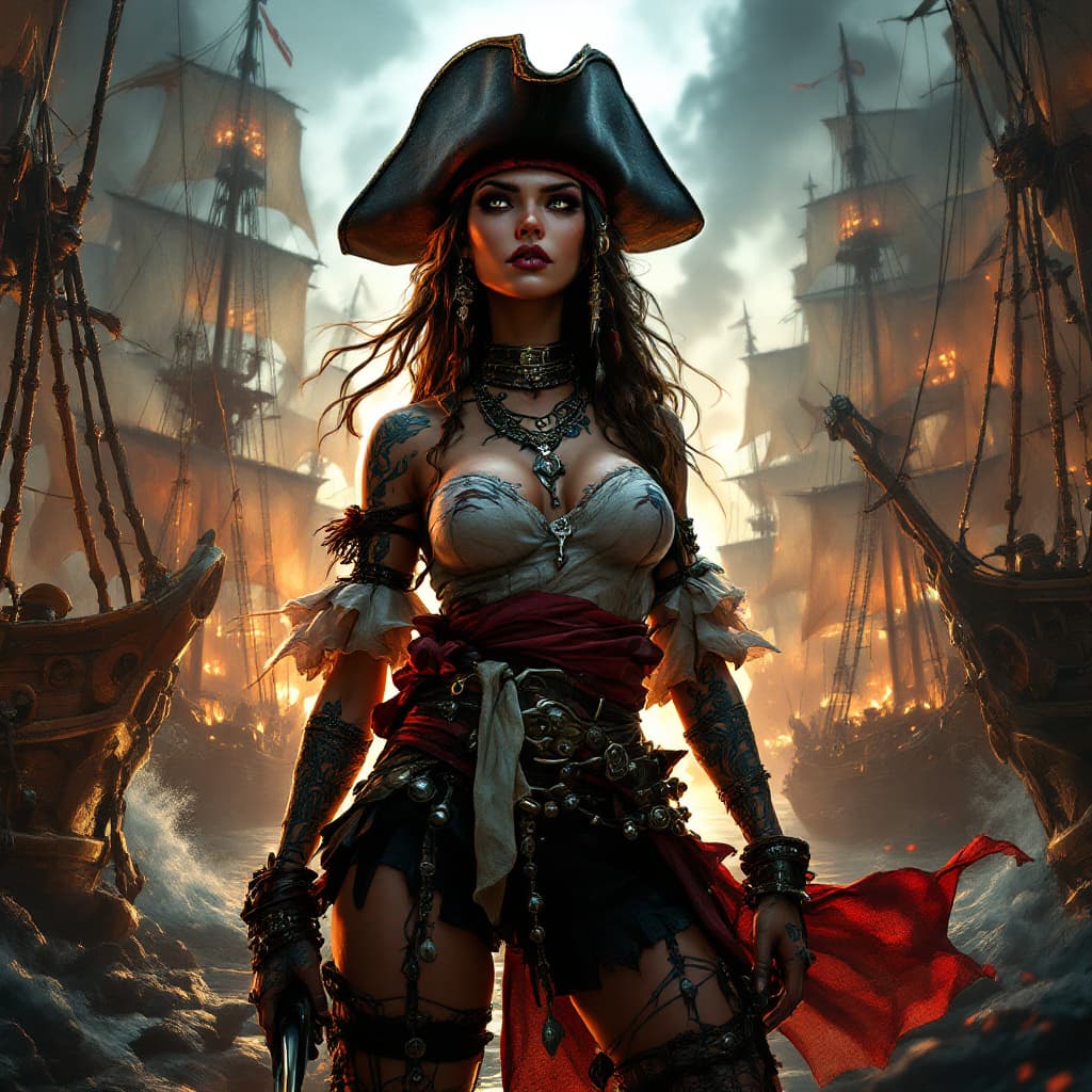 AI generated:  animation, cartoon, Full body view A commanding Native Caribbean pirate captain stands tall amidst ...