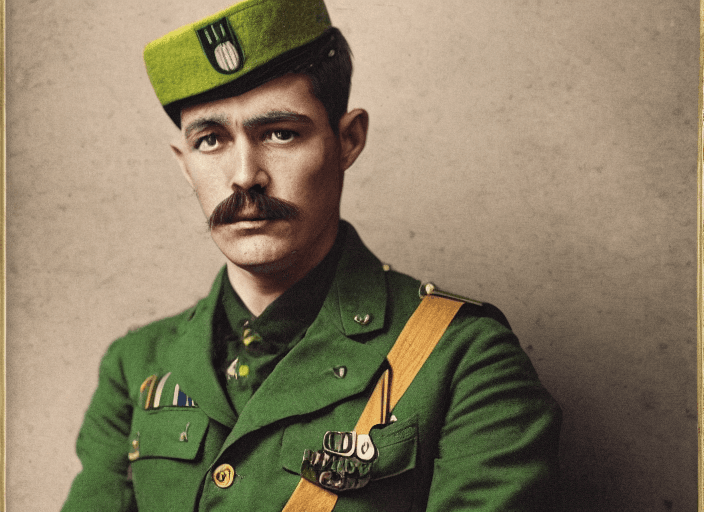 AI generated: soldier with badges, green uniform, sad face, sitting in a chair, drinking coffee, street coffee sho...