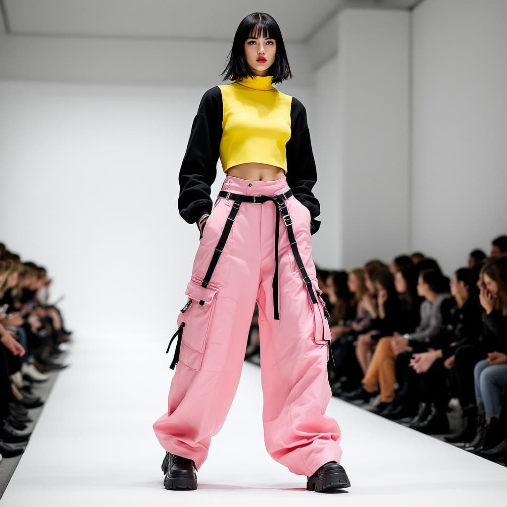 AI generated: A fashion model in an avant-garde streetwear outfit on a minimalist white runway. The outfit feature...