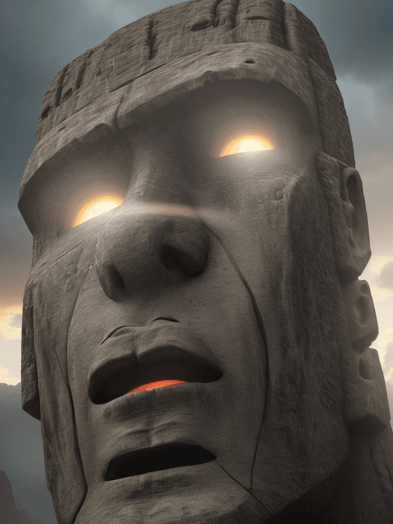 AI generated: Photo of a ultra realistic moai, one of the famed, giant stone, dramatic light, cinematic lighting, ...