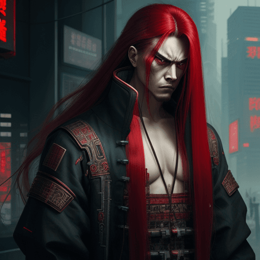 AI generated: Cyberpunk, traditional clothes, chinesse, red long hair, male, high resolution, Angry stoic expressi...