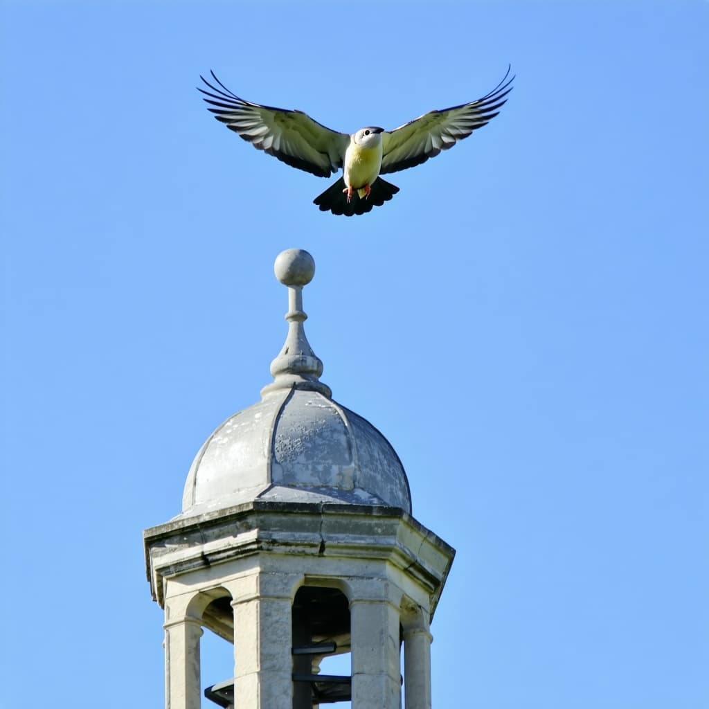 AI generated: un pajaro volando por un campanario