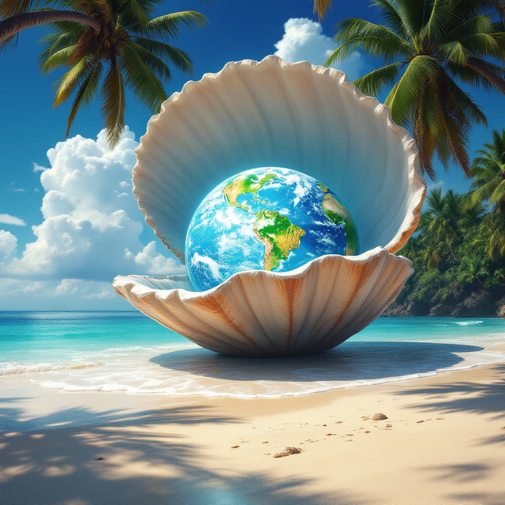AI generated: the (((planet earth!))) as a world globe inside a giant clam shell on a beach, palm trees, blue ocea...