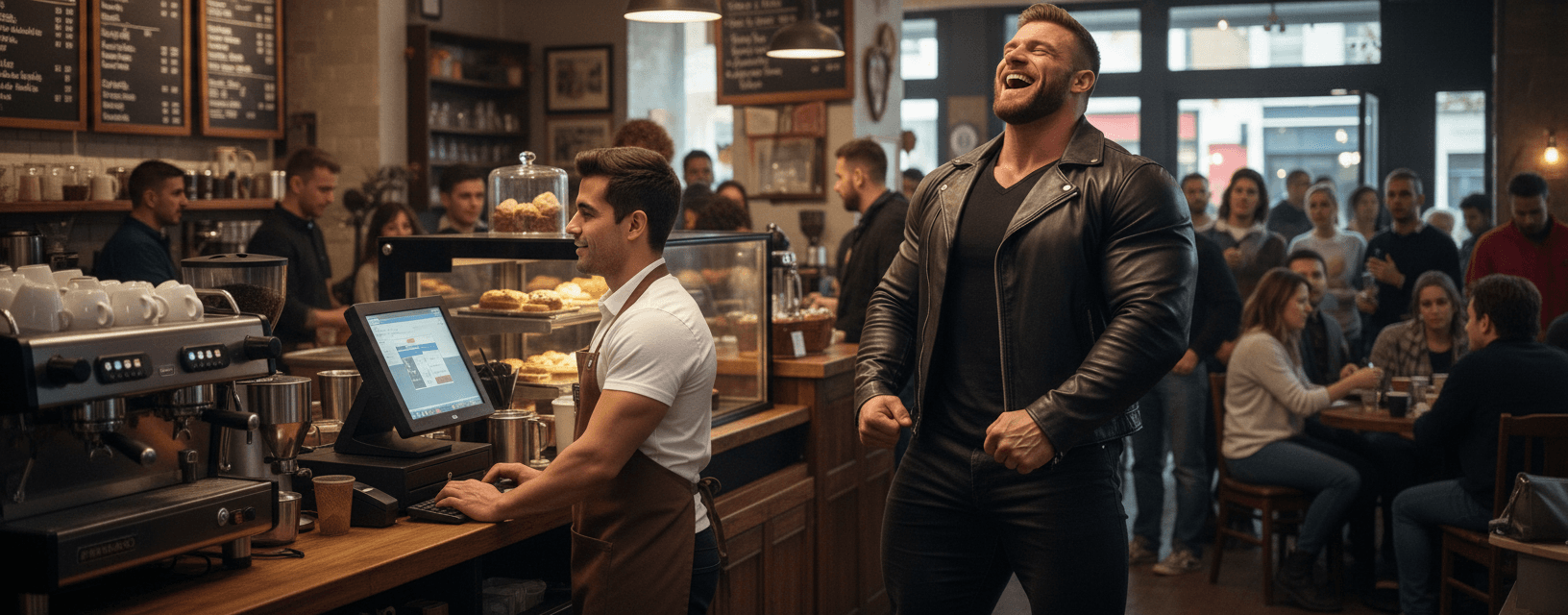 AI generated: Male Hispanic barista 5'2" tall, at a coffee shop behind the counter typing on the computer-register...