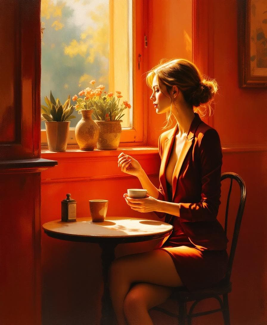 AI generated: Elegant oil painting depicting a graceful woman seated at a small vintage café table, viewed from th...