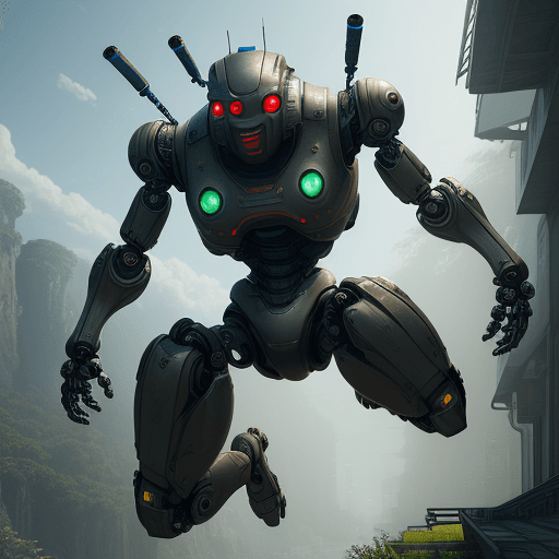 AI generated: robot, ciberpunk, jumping, 4k, hyper realistic, focused, extreme details, unreal engine 5, cinematic...