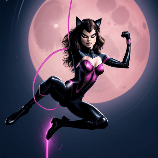 AI generated: michelle pfeiffer as the spider cat-woman female superhero with a pink lazer whip,jumping in front o...