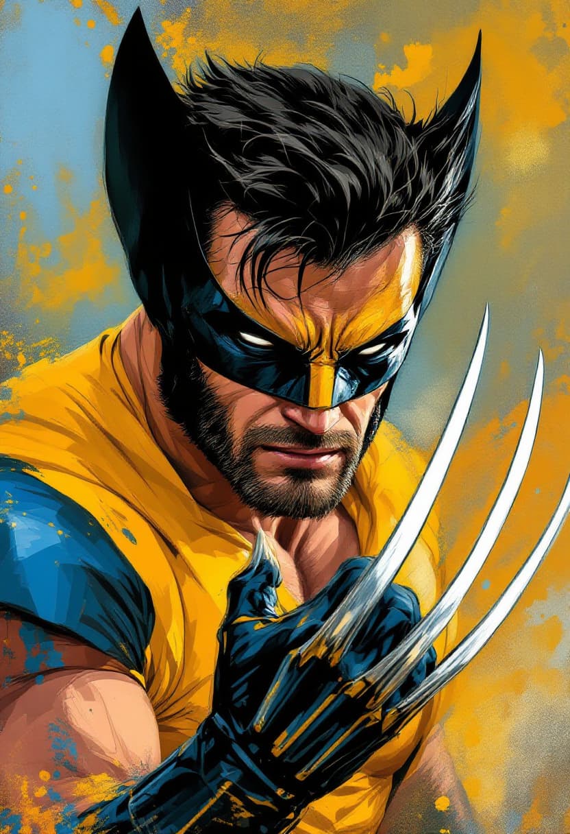 AI generated: 45 degree angled portrait of Wolverine, masked and dressed in yellow, showing his sharp claws as wea...