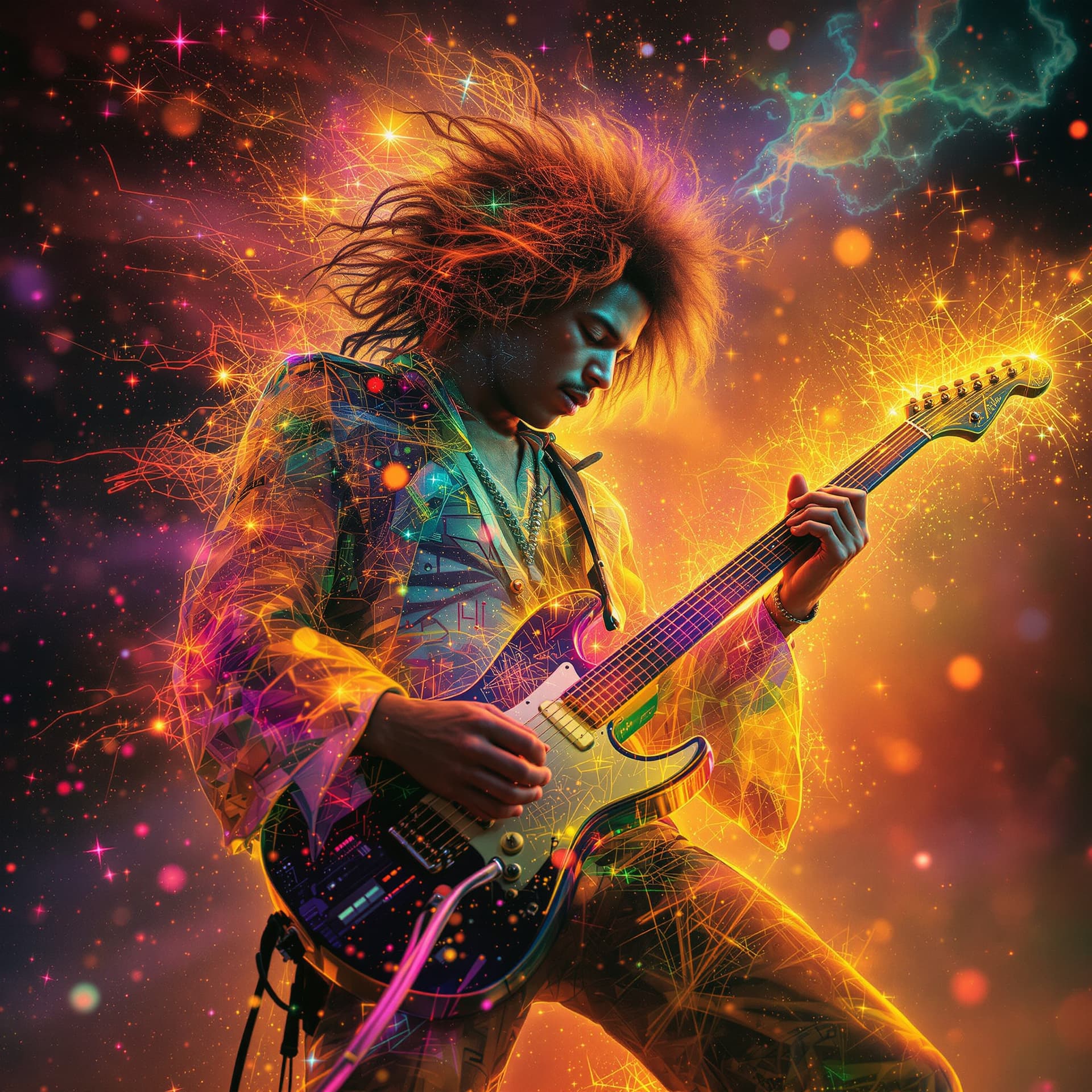 AI generated:  Jimmy Hendrix, cybernetic musician creating hypnotic tunes, light leaks, epic fantasy, vibrant colo...