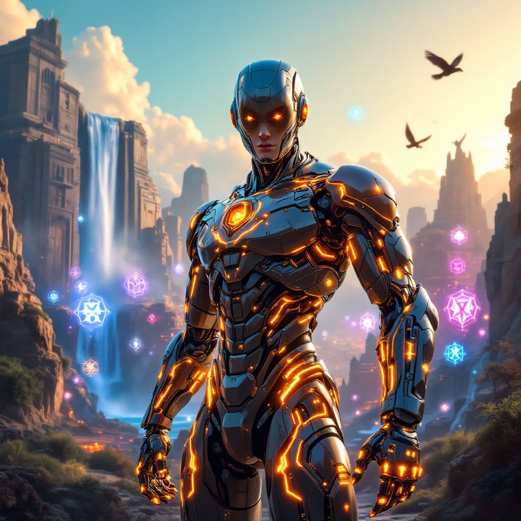 AI generated: "A cybernetically enhanced robot stands defiantly at the center of the mythical Ciudades de Tartaria...
