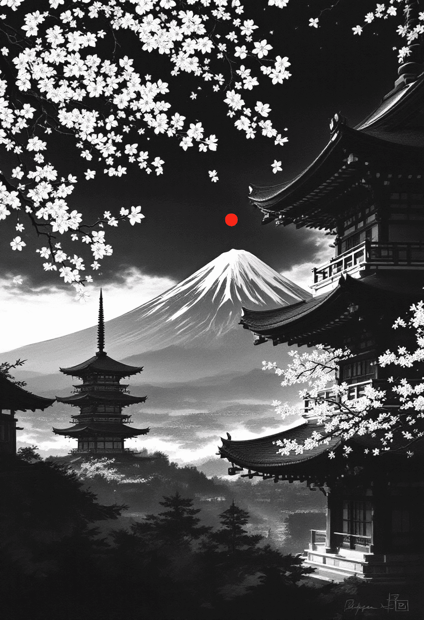 AI generated: Dramatic black and white image, traditional Japanese pagoda in the foreground, delicate branches of ...