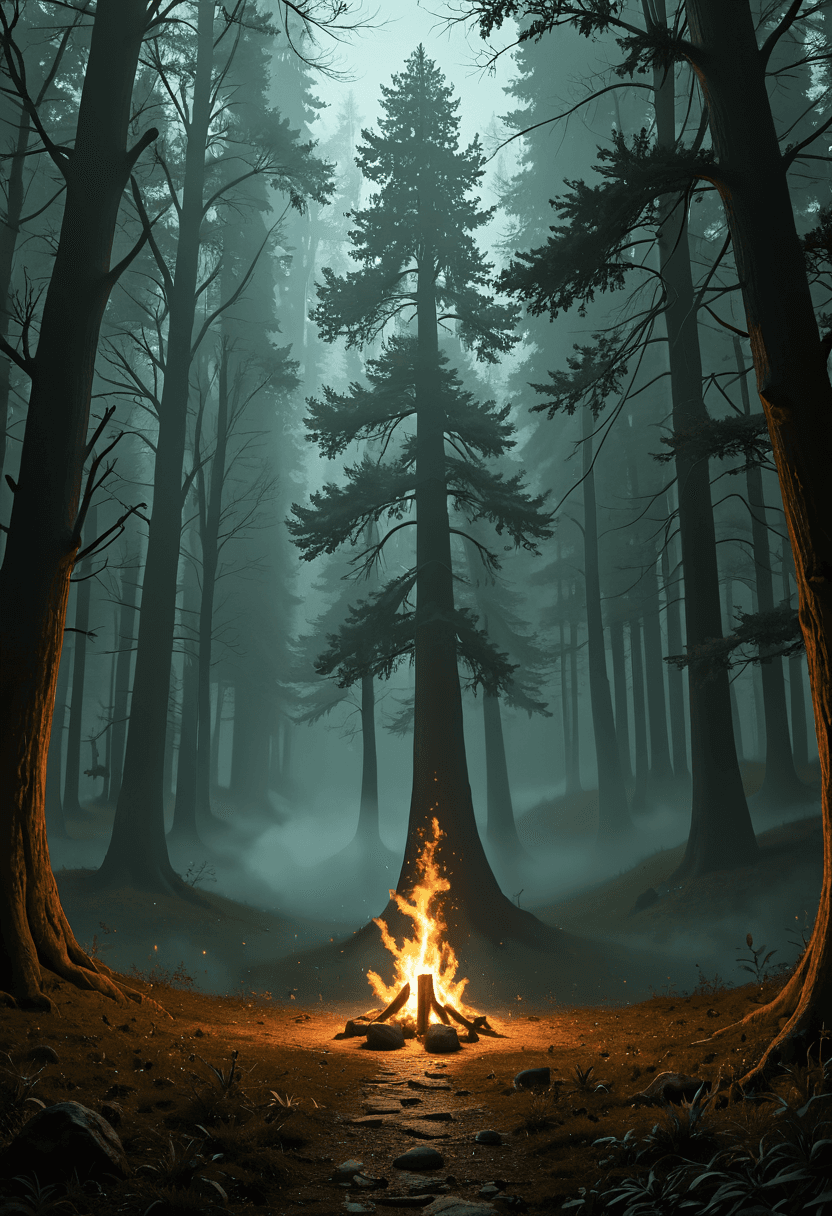 AI generated: Abstract style A dense, fog-enshrouded valley where ancient, tree-like organisms rise from the groun...