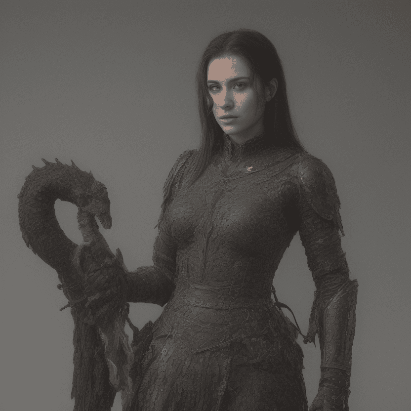 AI generated: Norse Shield maiden, middle eastern, faces a black dragon, ready to strike, sword in hand, in a Nors...