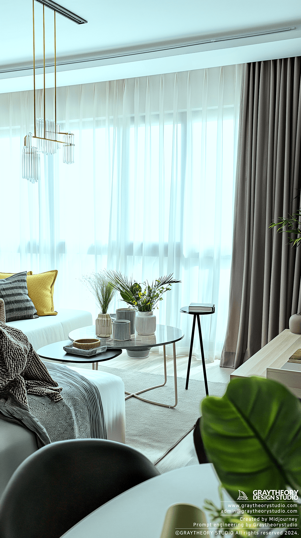 AI generated: contemporary small apartment living room with natural lighting, Fujifilm GFX 100S, showcasing a comf...