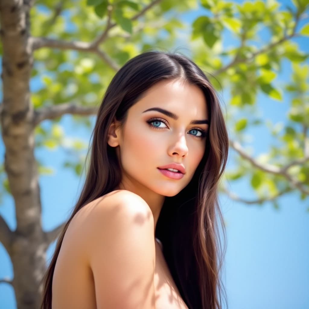 AI generated: A woman with long brunette hair and striking blue eyes is the focal point. She's not wearing anythin...