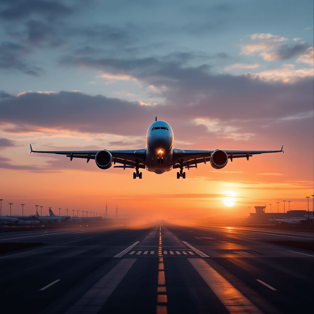 AI generated: a380 landing vienna airport sunset