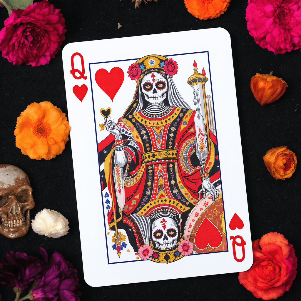 AI generated: Create a playing Queen of Hearts playing card, with a Dia de los Muertos theme