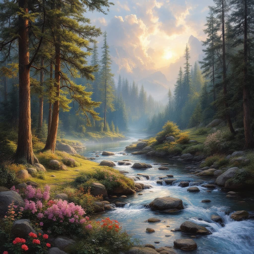 AI generated: a detailed matte painting of a river running through a forest, magical forest background, by Thomas ...