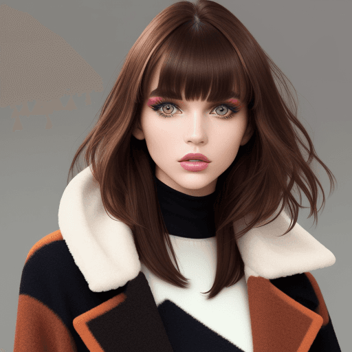 AI generated: A model with brown hair and bangs, wearing colorful makeup in the style of an editorial fashion shoo...