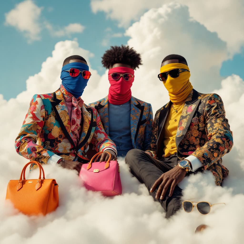 AI generated: Hyper realistic A photo of an eccentric BLACK MAN OF ACCESORIES AND DESIGNER CLOTHING on top of whit...