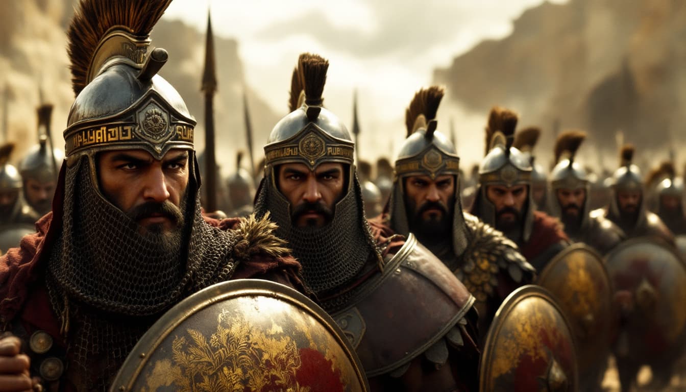 AI generated: Ultra-realistic.31.	Medium shot of a small group of warriors following Parushat, weapons in hand. [W...