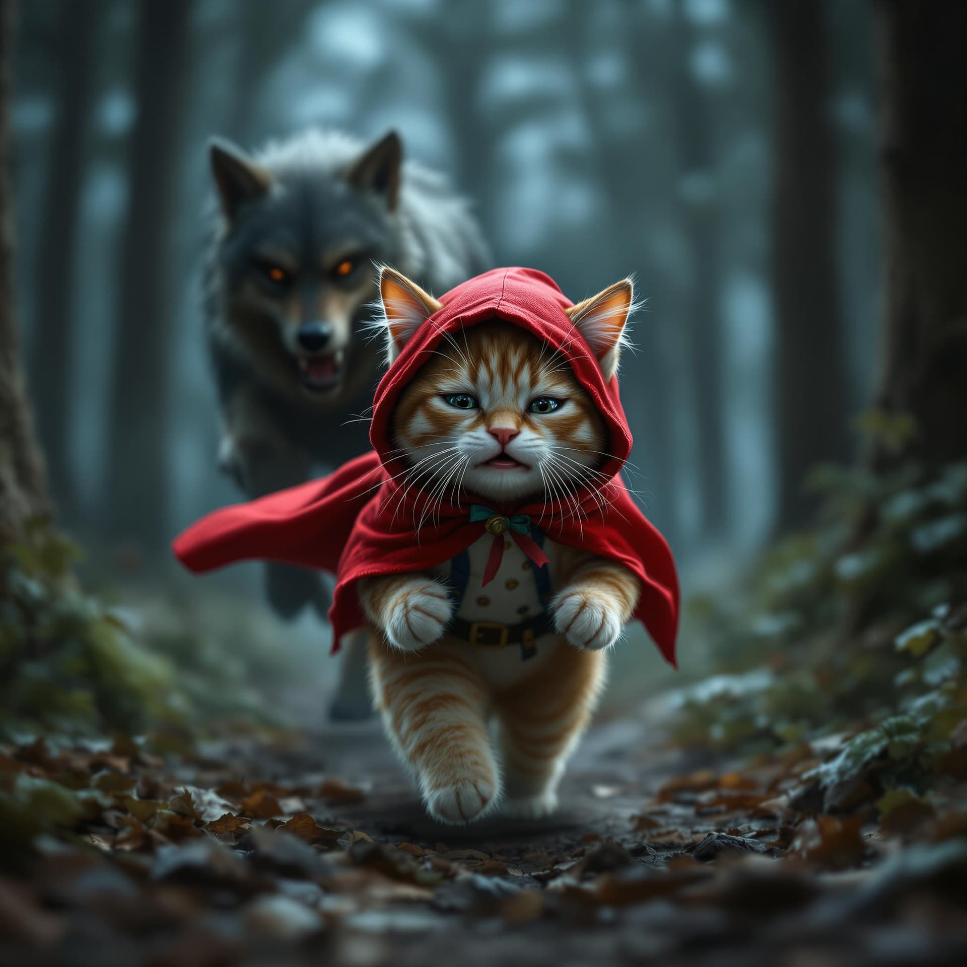 AI generated: anthropomorphic cute cat, wearing the costume of the fairy tale character Little Red Riding Hood, re...