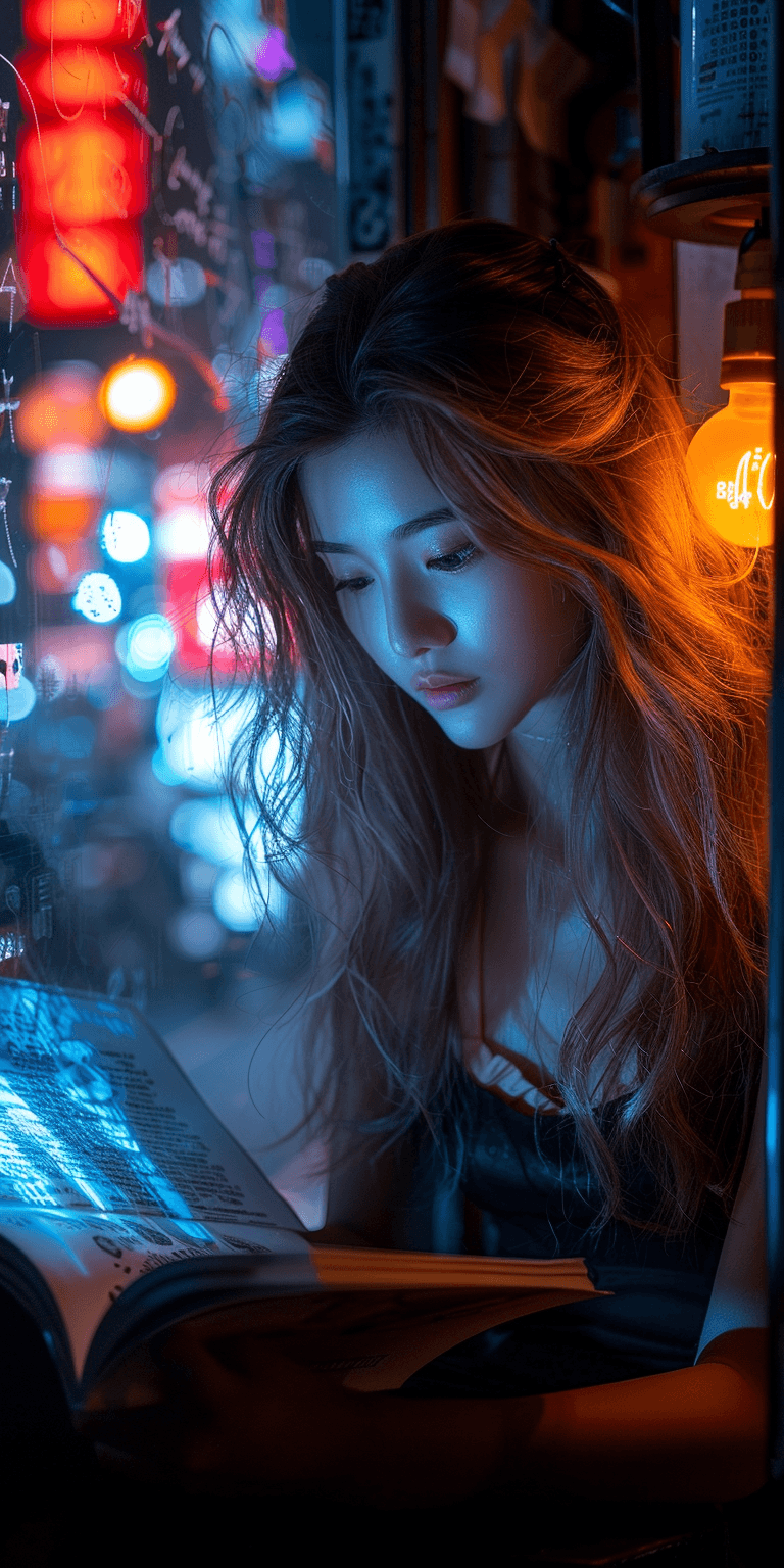 AI generated: street photo of a beautiful girl sitting at a table in a coffee shop by the window reading a book, p...
