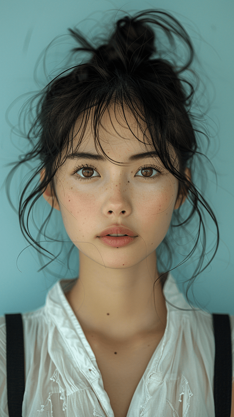AI generated: A photo of an Asian girl with big eyes and double eyelids, wearing a ponytail hairstyle, in a white ...