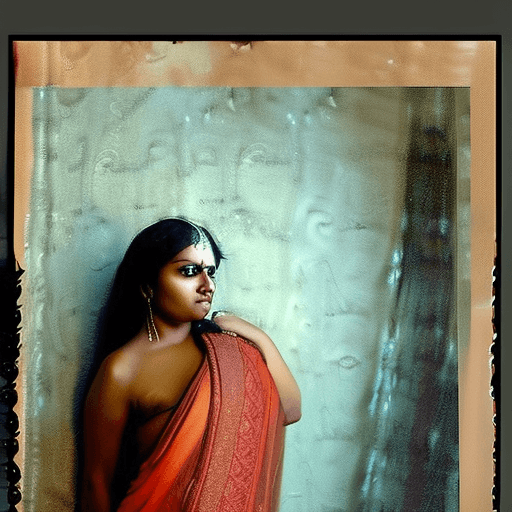 AI generated: Indian woman in a sari posing for a picture, bare front, sexy gaze, dark strokes, no watermarks, bro...
